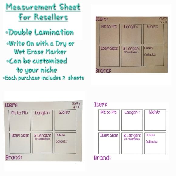 Measurement/Info Sheet for Resellers - Customizable - Comes with 2 Sheets - Picture 1 of 5